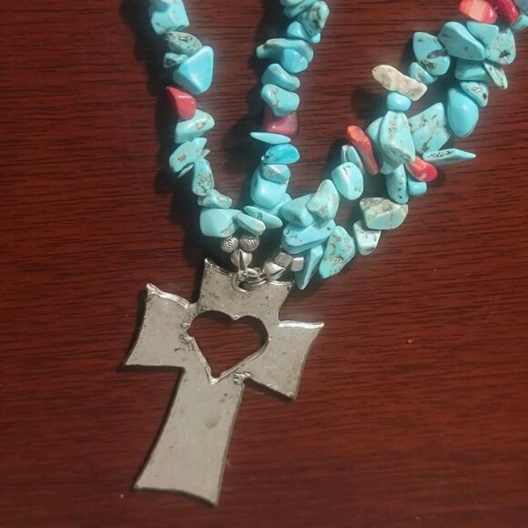 Southwestern Navajo Turquoise Double Strand Necklace Pewter Ankh Pendant Heart - Picture 11 of 12